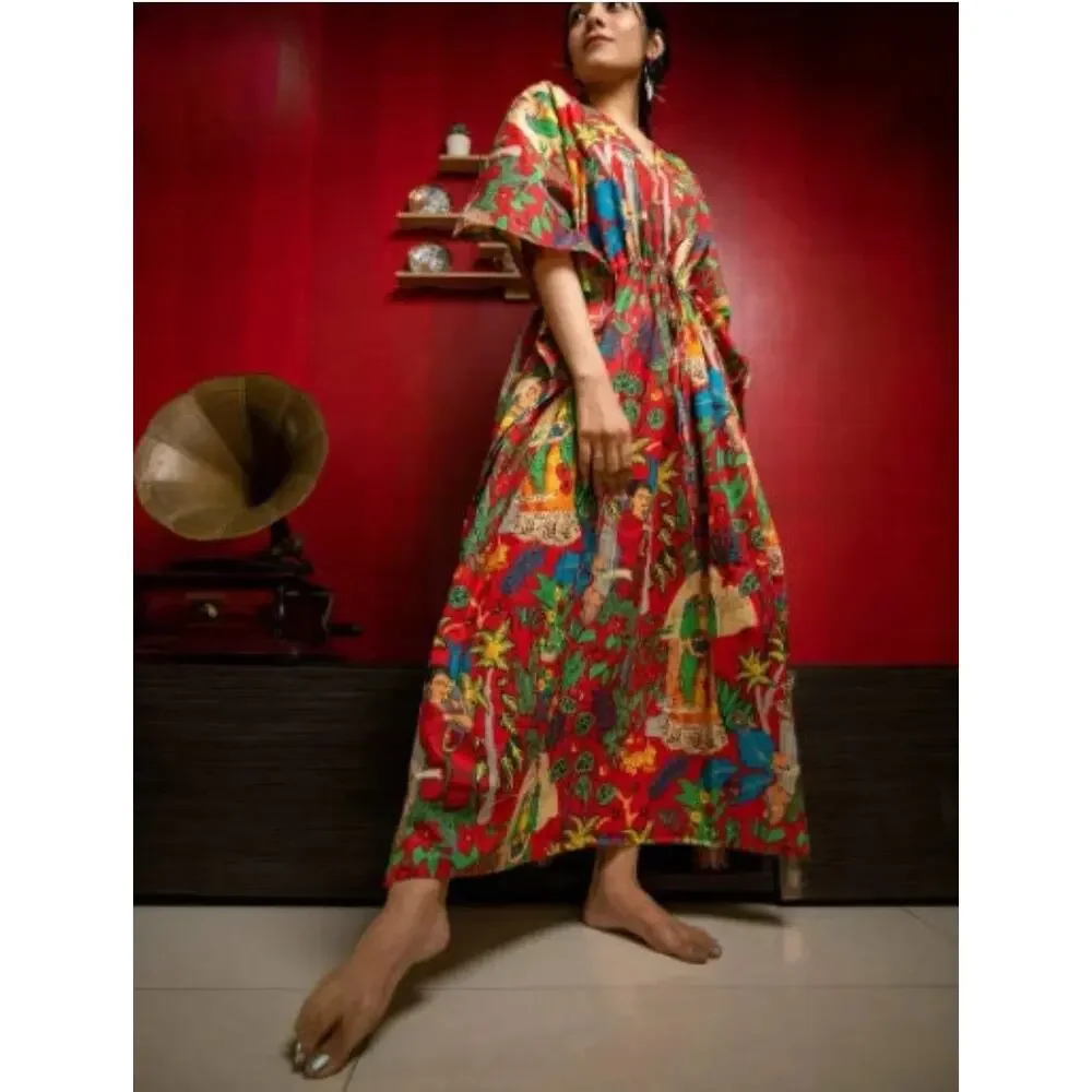 Frida Kahlo Print Kaftan Maxi Dress One Size Red Cotton Resort Caftan Cover Up - Picture 1 of 16
